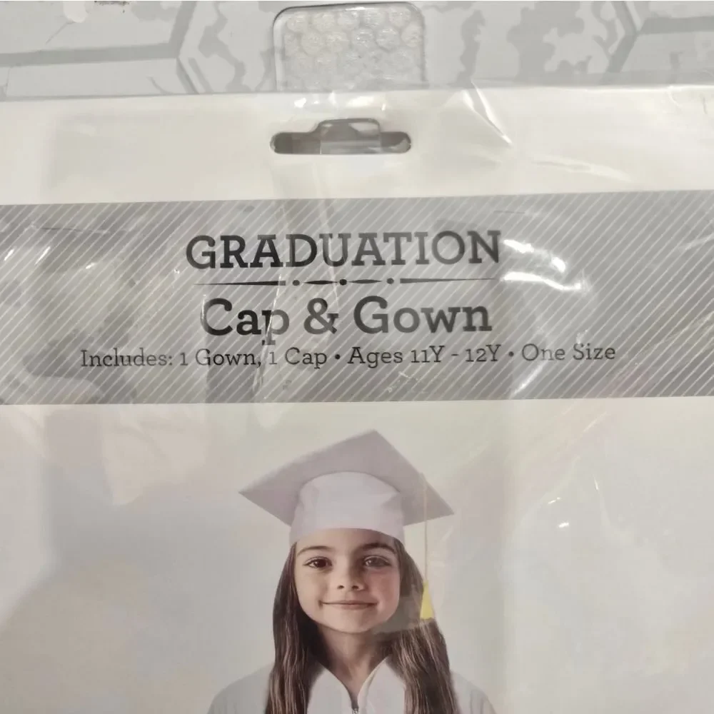 Graduation Childrens Cap and Gown for Ages 11Y-12Y, White, One Size